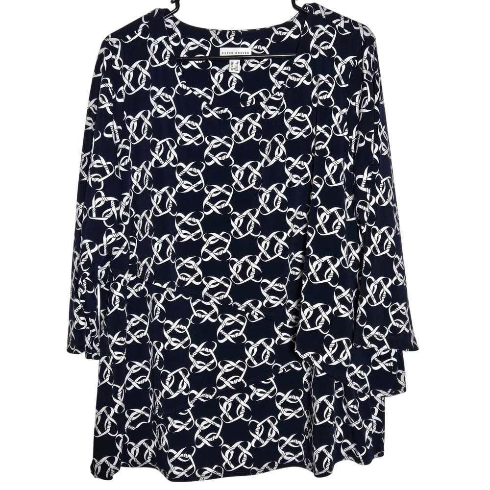 Susan Graver Liquid Knit Asymmetric Top Plus 1X Tunic Tiered Stretch Nautical